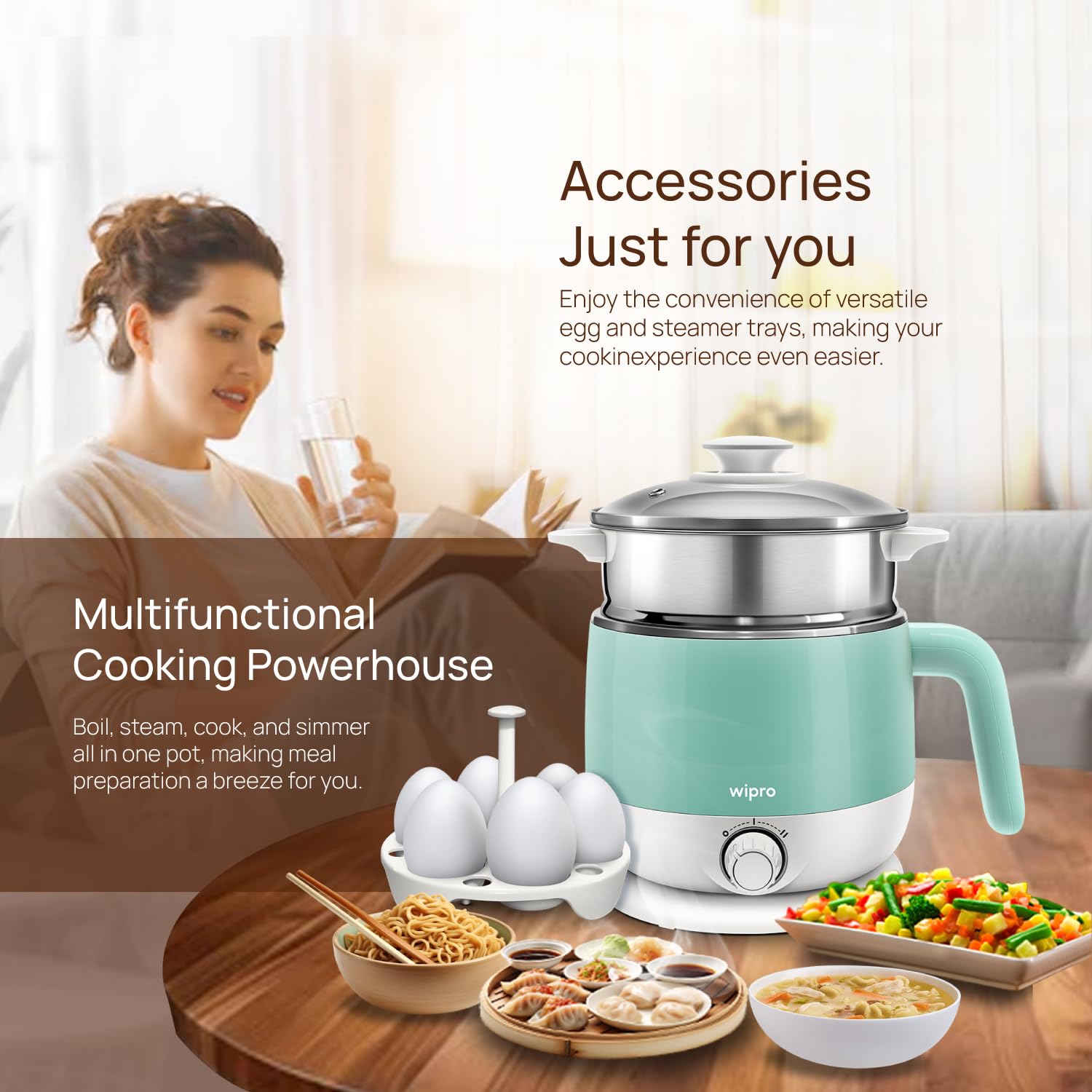 wipro Stainless Steel Elato Bk212 Multi Cooker Kettle 1.5 L Cool Touch Ss304-Rustproof Dual Temperature